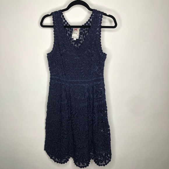 YOANA Baraschi BHLDN Navy Embroidered Floral Leaf Lace 100% Silk Cocktail Dress - Picture 3 of 16